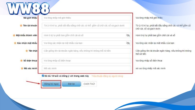 Hướng Dẫn Đăng Ký WW88 Chi Tiết Dành Cho Tân Binh 2 Điền đủ thông tin đăng ký WW88